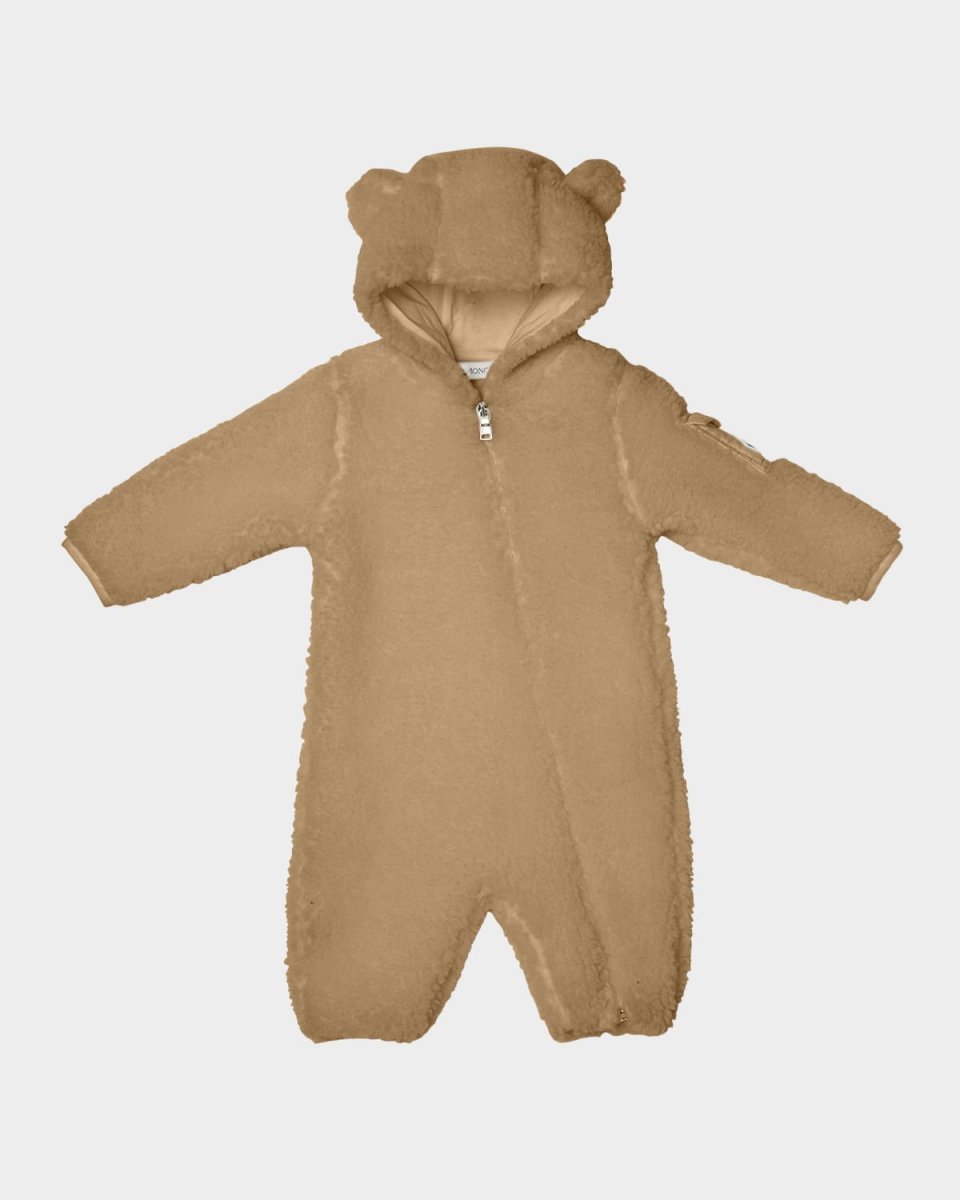 Boy's Teddy Ear Hood Zip-Front Romper, Size 1M-3